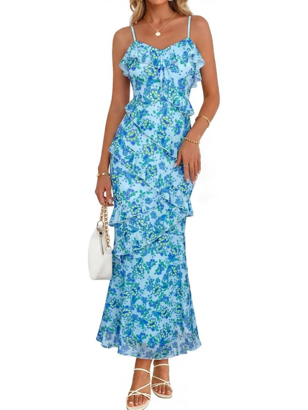Women's Blue Shoulder Sleeve V Neck High Waist Backless Wedding Dress